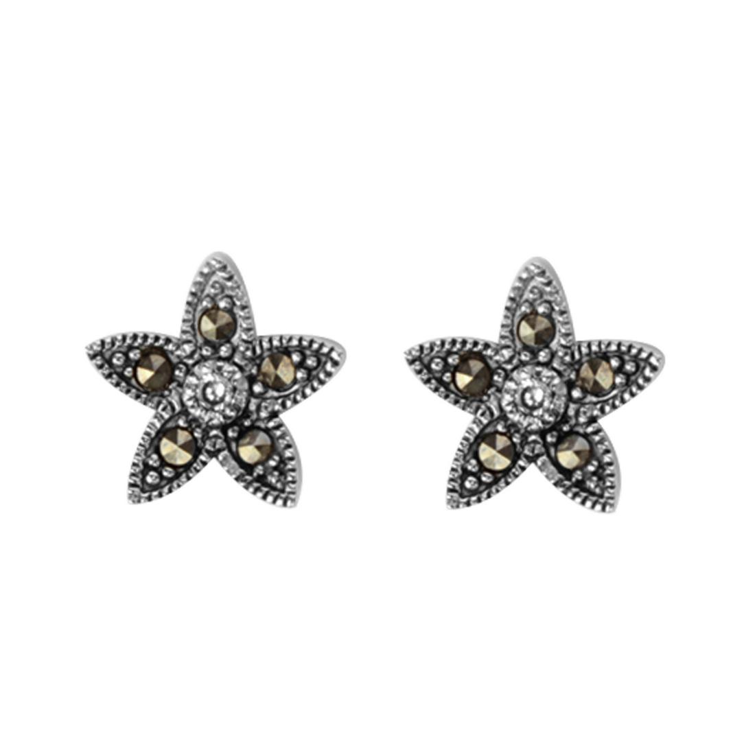 Silver Tone Marcasite Flower Stud Earrings (1 of 1)
