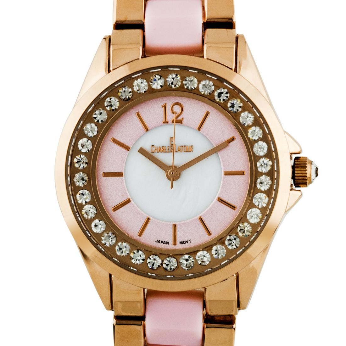 Charles Latour Pearlized Dial Core 34mm Case Watch: The Charles Latour has a sleek 34mm case with stunning Czech crystals surround the outer chapter ring. A mirror finish arabic numeral at 12, and a pearlized dial core compliment the variaty of colors 