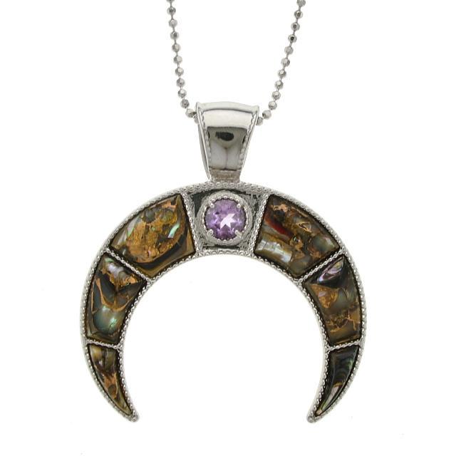 Silver Bronze Abalone & Amethyst Horn Pend w/Chain: Isn’t it time you added a “different” look to your collection? Here’s just the item—Pangea Mines horn pendant is redolent of mysterious and exotic locales, an ideal accen