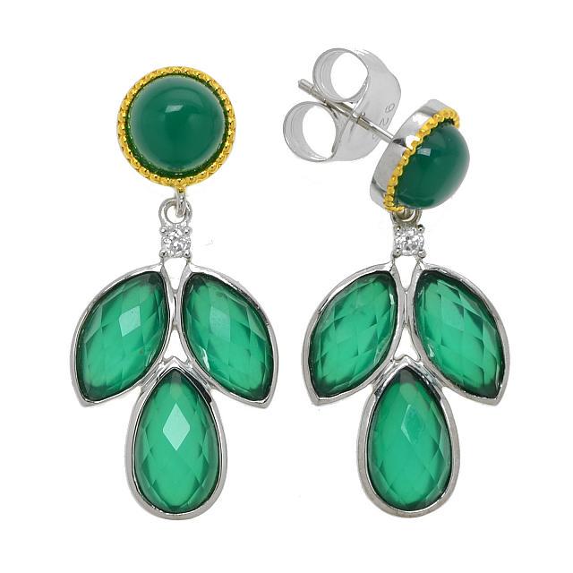 Silver Green Agate Doublet Leaf Drop Earring: Green Agate Dyed Green Agate: Two round 8mm cabochons Assembled Blue Topaz and Dyed Green Agate Doublet: Two pear shaped checkerboard cut 12 x 7mm and four marquise shaped checkerboard cut 12 x 6mm Wh