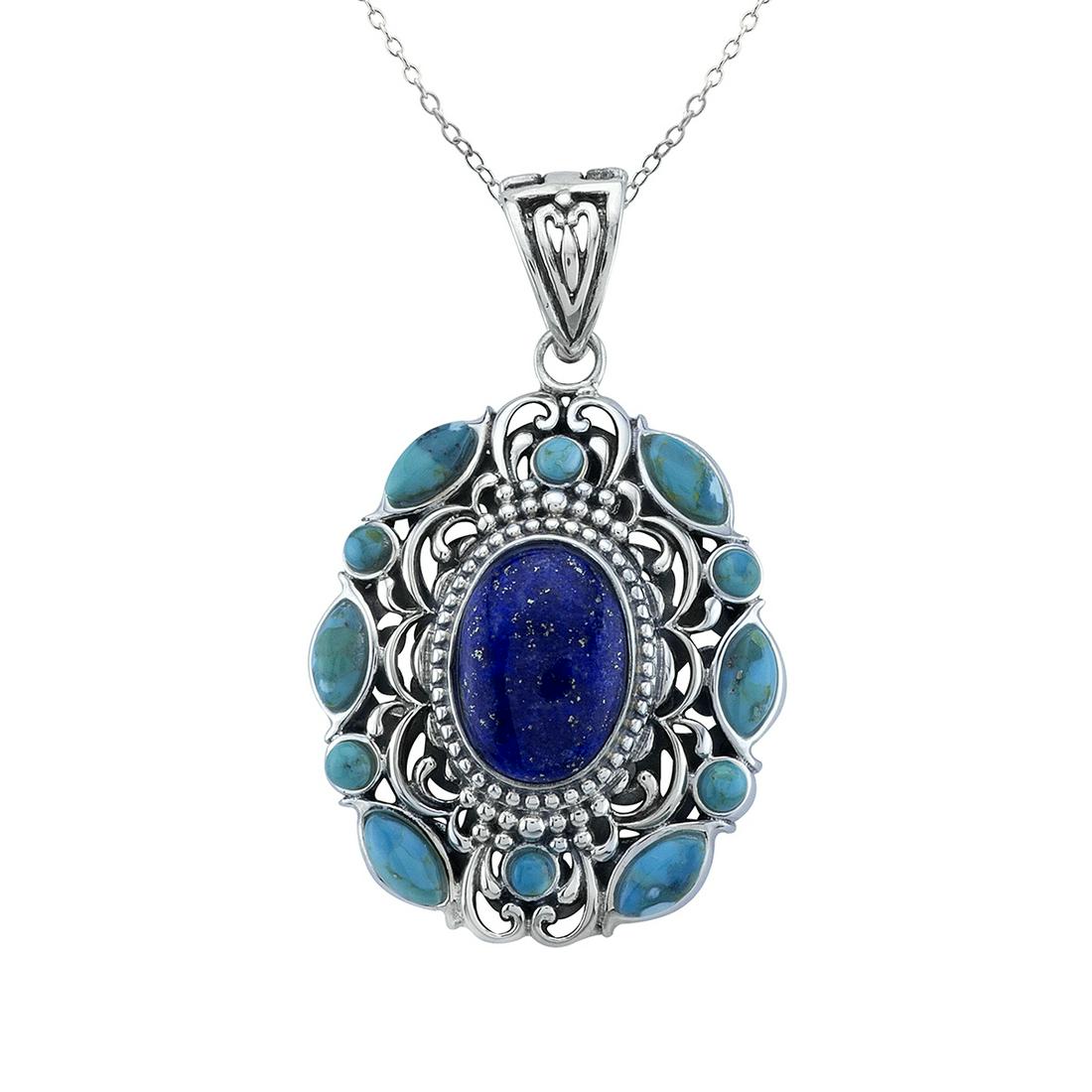 Sterling Silver Lapis & Turquoise Pendant w/Chain: Blue heaven! Pangea Mines crafts gorgeous genuine lapis lazuli and turquoise on a fine sterling setting with an oxidized finish to create a captivating pendant necklace from the Mined in America Colle
