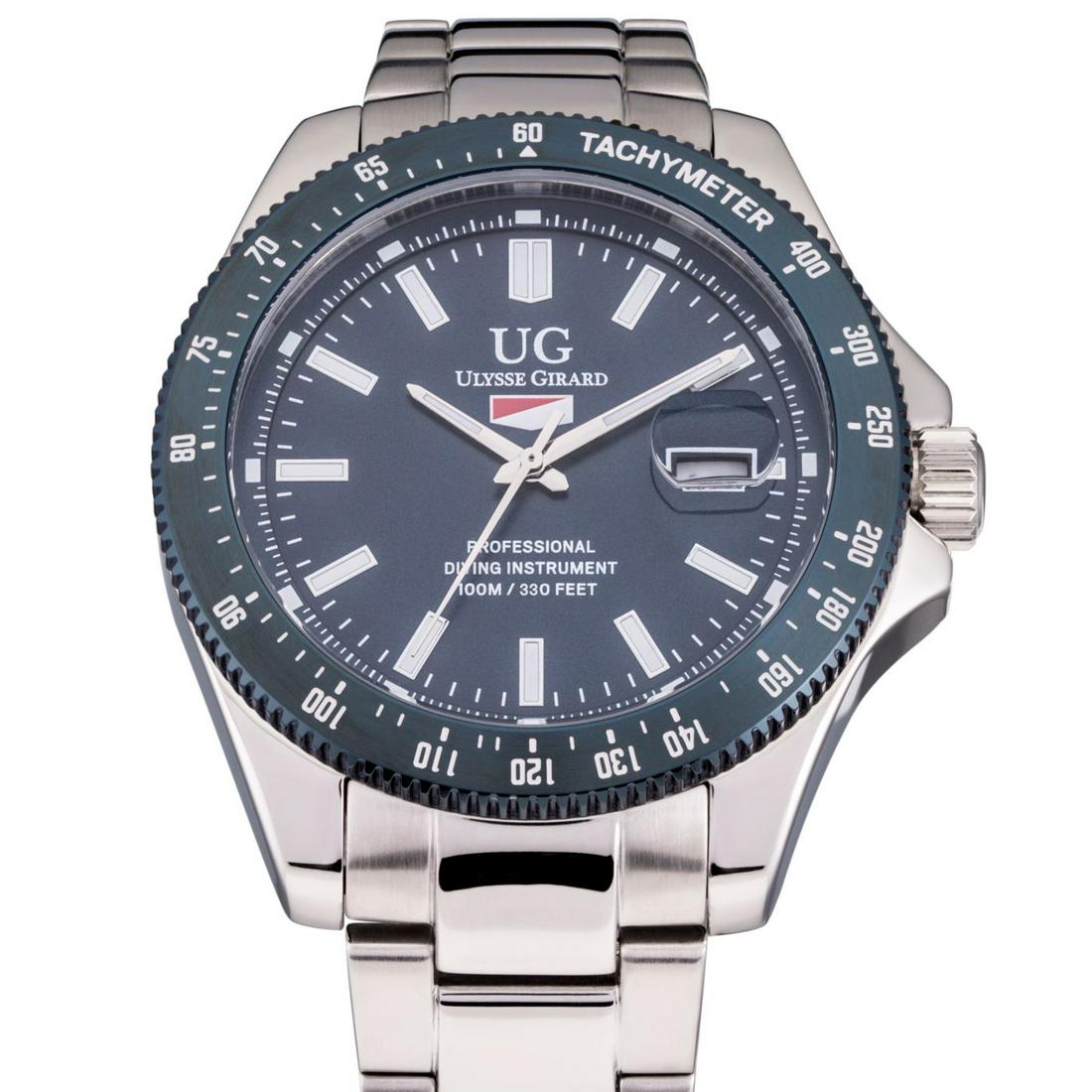 Ulysse Girard Marlin Japan Movement Diver Watch: Flat Colored Dial with large Luminous Rectangular Indicies at the Hour Markers, Miyota 2315 Movement with Easy to Read Luminous Hour and Minute hands with Colored Second Hand, Stainless Steel Case wit