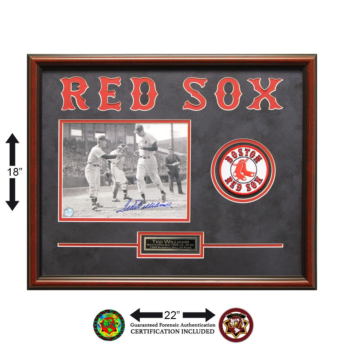 Ted Williams Boston Red Sox 20x16 Signed 8x10v GFA: Ted "The Splendid Splinter" Williams baffled pitchers with his unprecedented ability to place a batted ball seemingly anywhere he wanted. Ted Williams inspired a generation's worth of fans while setti
