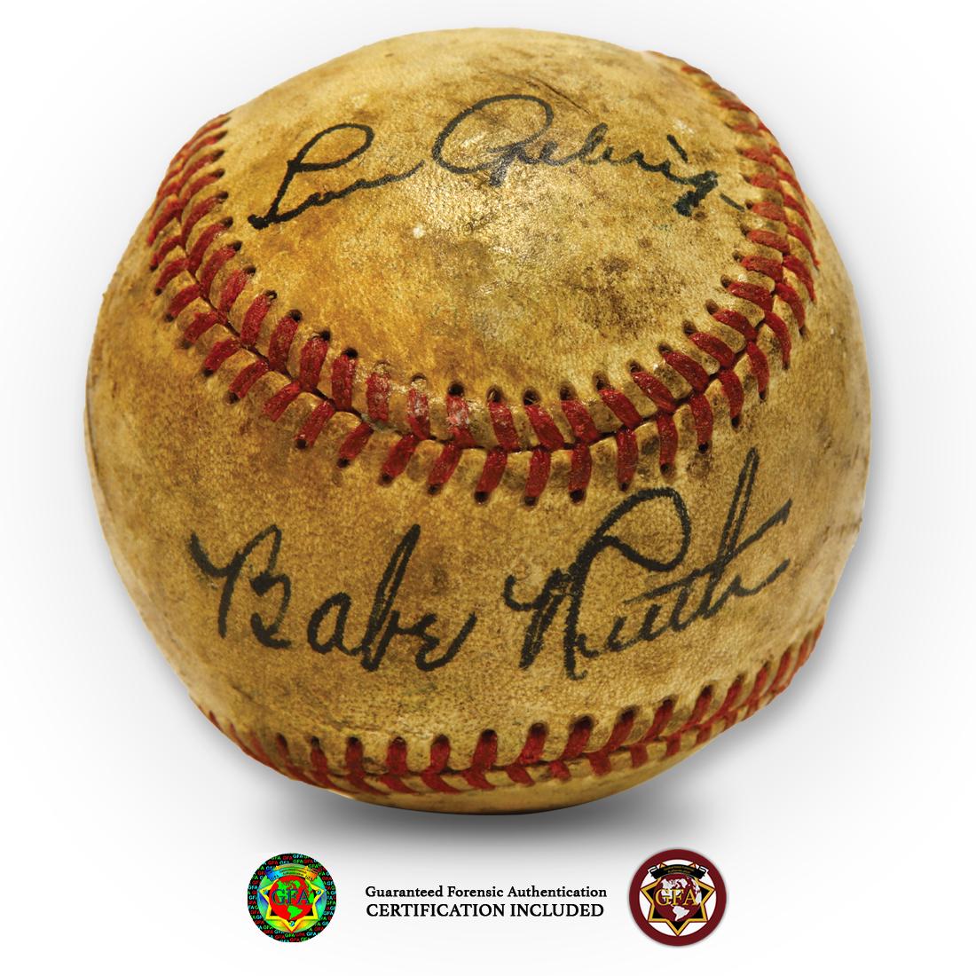 Babe Ruth-Lou Gehrig Red Stitched Signed Baseball: Babe Ruth (1895-1948) and Lou Gehrig (1903-1941) Red Stitched baseball signed by two of the New York Yankees Bronx Bombers. Both signatures are crisp clear and boldy signed in black ink. Babe Ruth sig