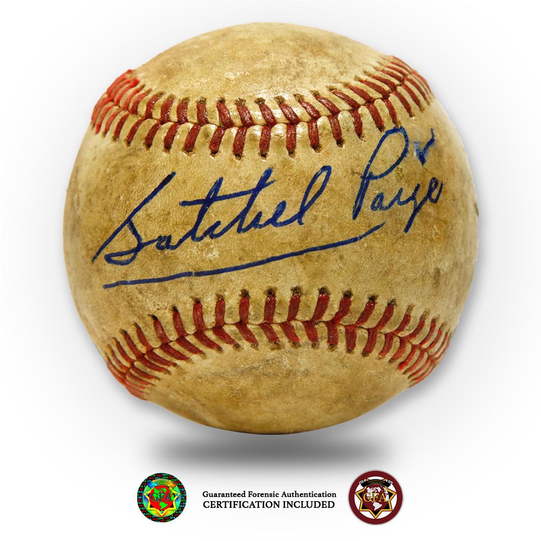 Satchel Paige Red Stitched Signed Baseball: SATCHEL PAIGE (July 7, 1906 – June 8, 1982). Boldy signed Satchel Paige signature across the side panel in blue ink on a 1950’s vintage baseball. Satchel Paige was born Leroy Robert Page c