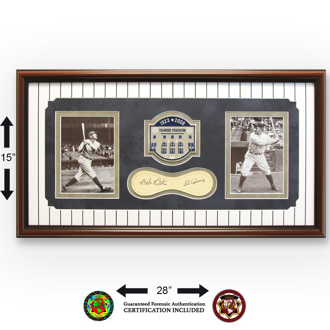 Babe Ruth & Lou Gehrig Signed Baseball Leather Pc.: Babe Ruth (1895-1948) and Lou Gehrig (1903-1941) Signed Baseball Leather piece in Black Ink. Matted and Framed with a Black and White Photograph of Babe Ruth and Lou Gehrig. With an overall size of 28