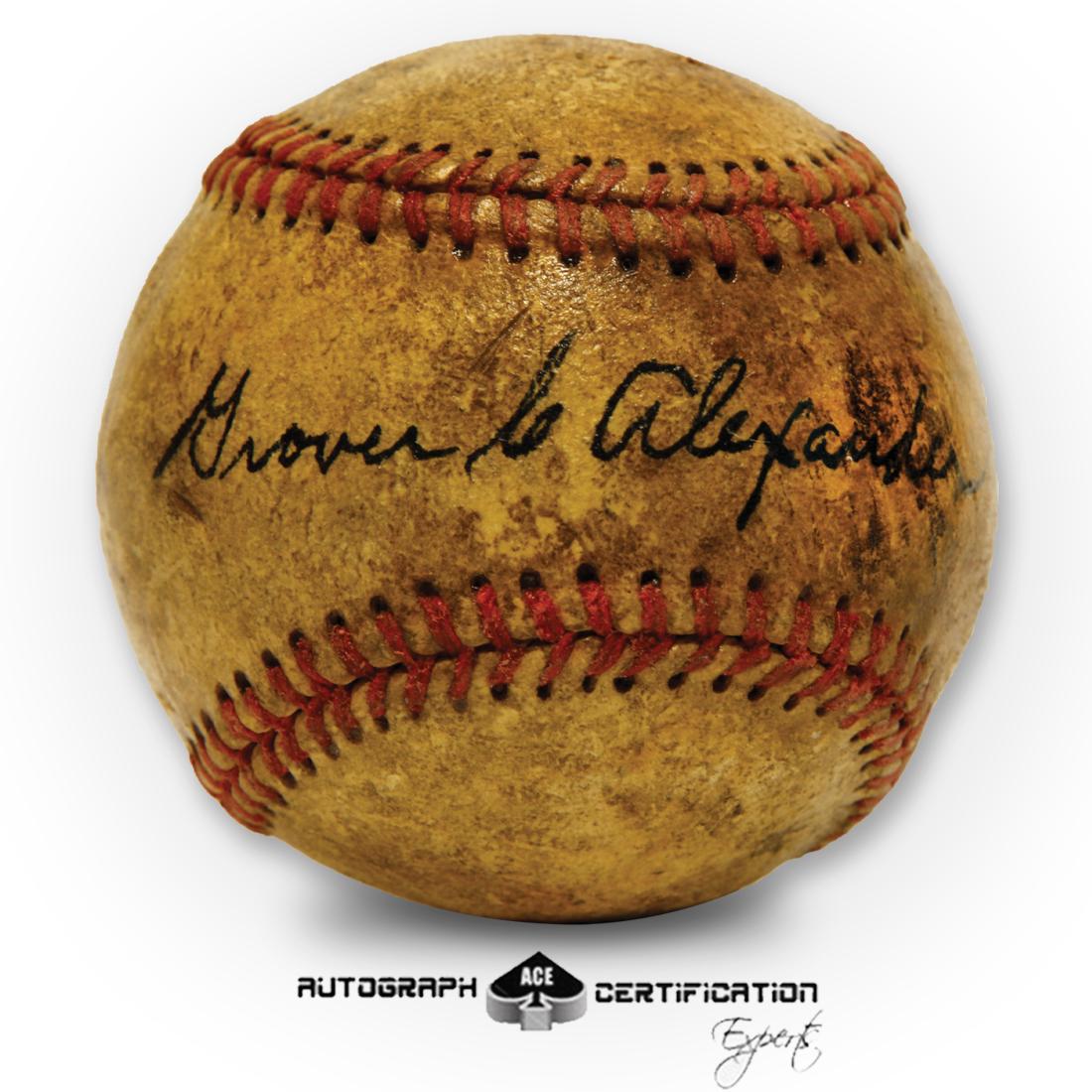 Grover Clv. Alexander Red Stitched Signed Baseball: Grover Cleveland Alexander (February 26, 1887 – November 4, 1950). Boldy signed Grover C. Alexander signature across the sweet spot in black on a 1930’s vintage baseball. Grover Cleveland 
