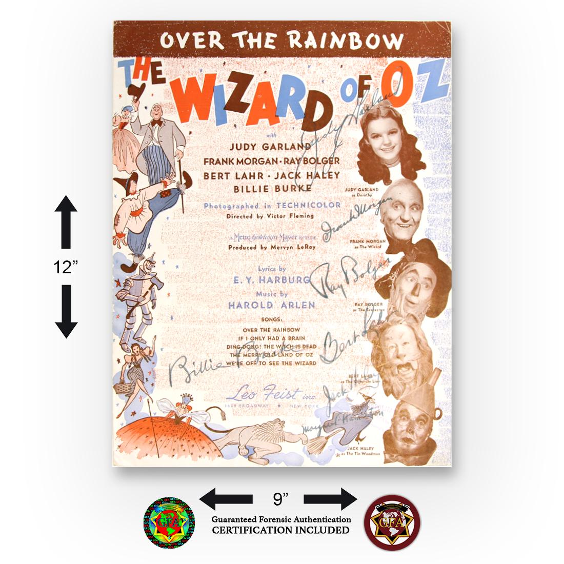 The Wizard of Oz Signed Over The Rainbow Cover: Wizard of Oz (1939). 9 x 12 signed Wizard of Oz Music Sheet Cover, “Over the Rainbow.” Signed in black ink by Frank Morgan, Ray Bolger, Judy Garland, Jack Haley, Bert Lahr, Billie Burke an