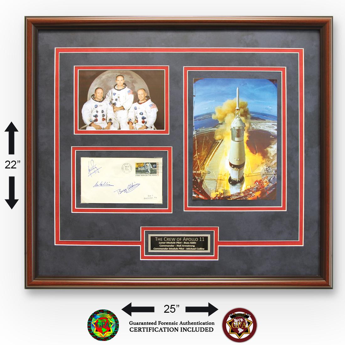 Apollo XI Crew Signed 1st Man on the Moon Cachet: Neil Armstrong (August 5, 1930-August 25, 2012), Buzz Aldrin (January 20, 1930) and Michael Collins (October 31, 1930). 3 ½ X 6 ¼ First Man on the Moon Cachet, Postmarked Nov 14, 1969, Kenne