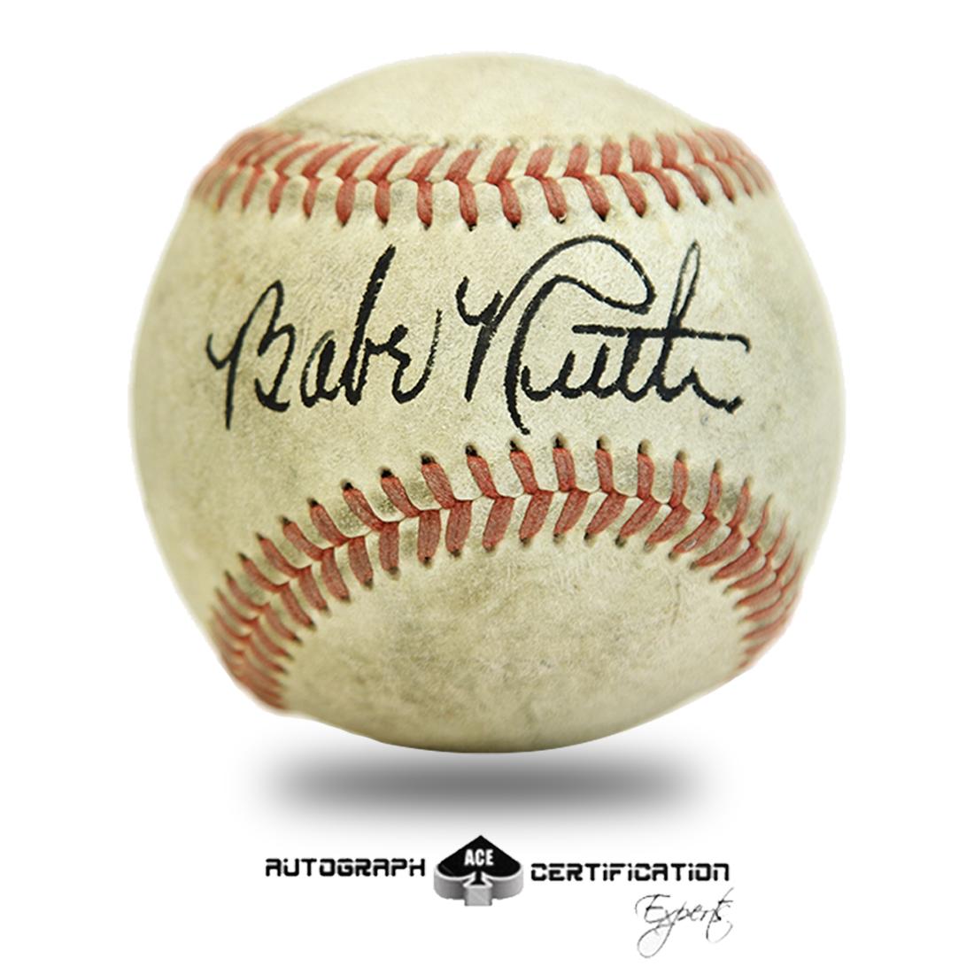 Babe Ruth Signed Red Stitched Baseball: Babe Ruth (February 6, 1895 – August 16, 1948). Babe Ruth signature is a clean crisp boldy signed baseball in black ink across the sweet spot. His black fountain pen ink losing none of the origi