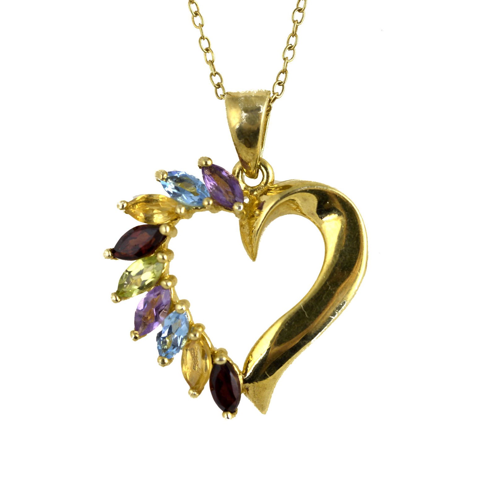 18K Gold Plate Multi Gemstones Heart Pendant: Don’t wear your heart on your sleeve—wear it on 18” chain! Pangea Mines beautifully crafts the essence of romance with this stylized heart adorned with peridot, sky blue topaz, Brazi