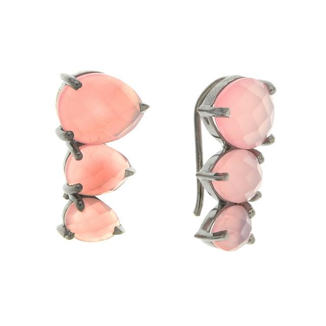 Silver Pink ChalcedonyThree-Stone Climber Earrings: Metal: Black rhodium over sterling silver Stone Information: Two 10 x 8mm, two 8 x 6mm and 7 x 5mm pear shaped checkerboard cut dyed chalcedony cabochons Setting Type: Prong Measurements: 3/4"L x 7/16
