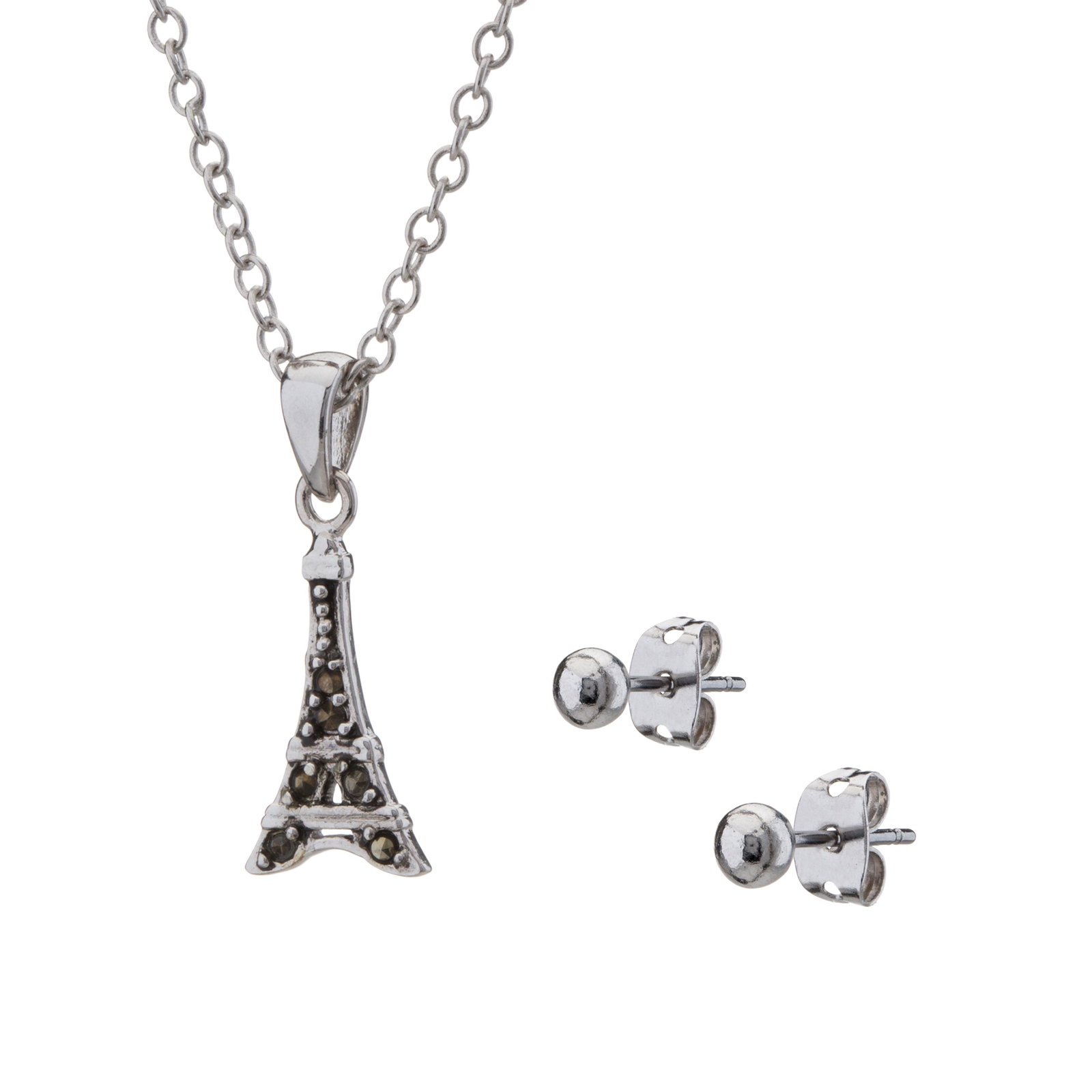 Earrings & Pendant-Marcasite Eiffel Tower w/chain: A complete look from Romilly! A lovely, detailed Eiffel Tower pendant is crafted in gleaming silver plate and embellished with genuine marcasite pavé and matched with ball stud earrings to create