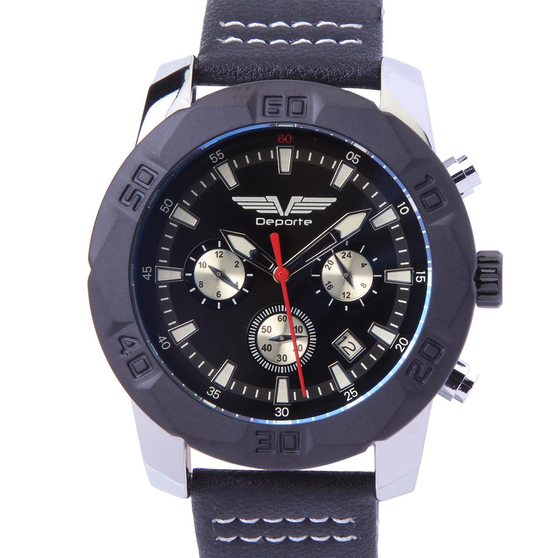 Deporte D-T Black On Black Men's Sport Watch: The Deporte dual time men's watch features a silver case and black bezel, black dial and genuine black leather band