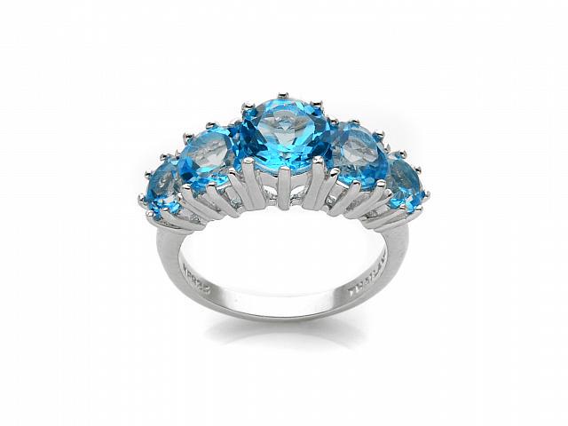 Silver 3.78ct Swiss Blue Topaz Graduated Ring-SZ 5: Metal: Rhodium over sterling silver Stone Information: Five round modified-brilliant cut 5-7mm gemstones Setting Type: Prong Approximate Total Weight: Swiss Blue Topaz: 3.78ct Measurements: 5/16"L x 7