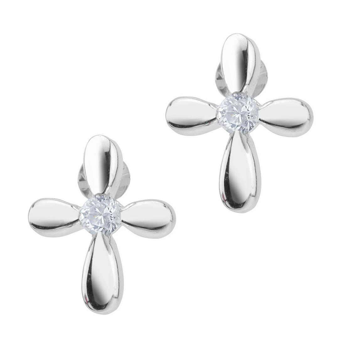 Sterling Silver Cross Stud Earrings: • White cubic zirconia • Cross design studs • Butterfly backings for comfortable fit • Fine Sterling Silver