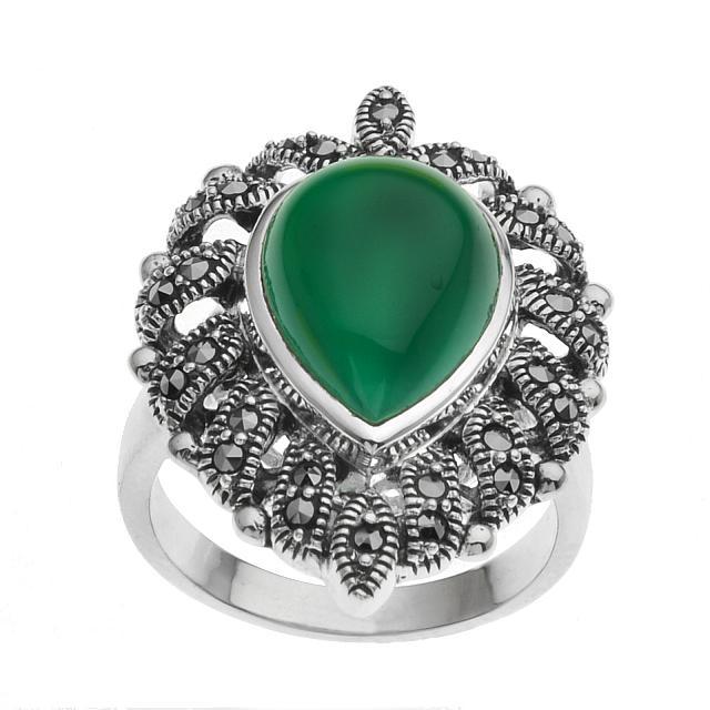 Sterling Silver Green Agate & Marcasite Ring-SZ 6: • Genuine green agate & marcasite • Pear shaped cabochons surrounded by marcasite • Gleaming rhodium over fine sterling silver
