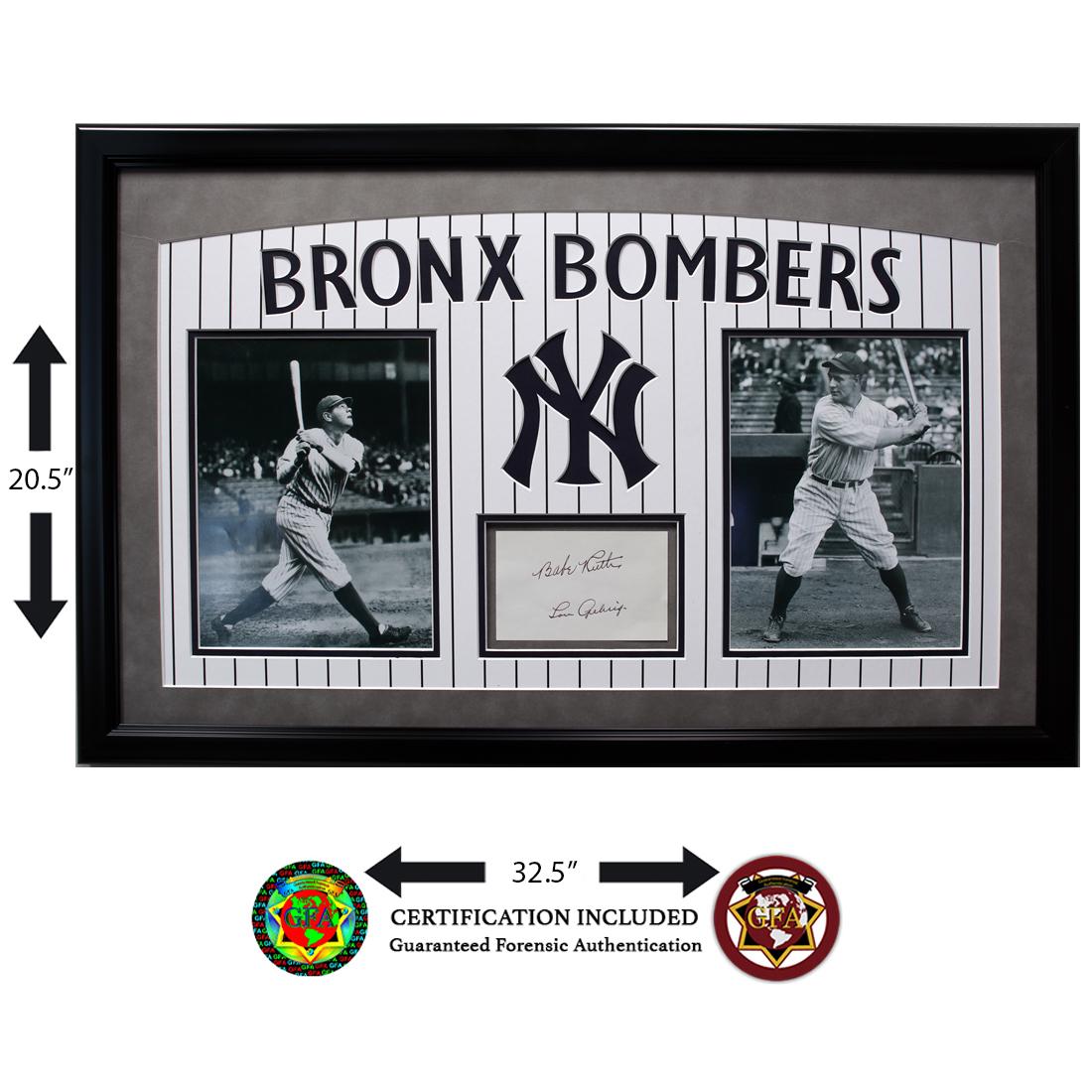 Babe Ruth and Lou Gehrig Signed Cut: Babe Ruth (1895-1948) and Lou Gehrig (1903-1941) signed 4.25 X 5.5 cut. Both signatures are boldy signed in black ink. The Babe pressed a little harder resulting in a bolder signature then Lou Gehrig.