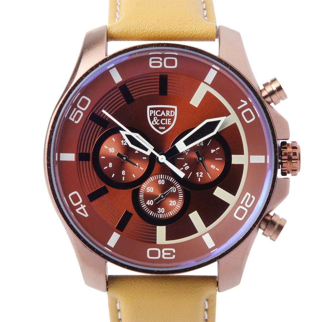 Picard & Cie Excalibur D-T Brown Men's Watch: The Picard & Cie Excalibur dual time men's watch features a brown case, brown dial and genuine biege leather strap
