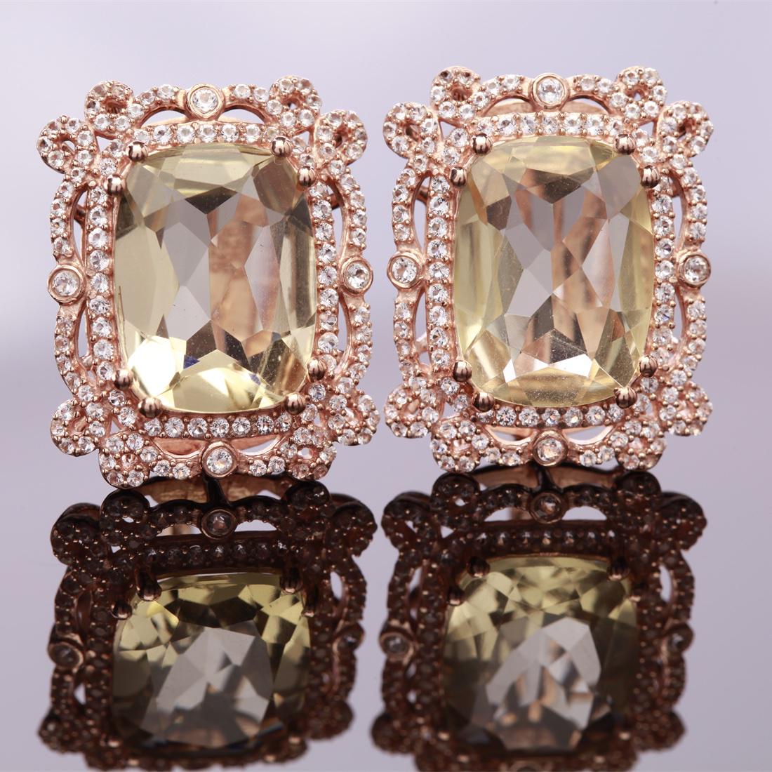 Huge Lemon Quartz Rg Over Silver Latchback Earring: Huge Lemon Quartz Rg Over Silver Latchback Earring • Metal: Sterling Silver • Stone: (2)16X12Mm-Lemon Topaz &White Topaz • Dimensions: 19.4X23.9 Mm • Backing: Latch Back •