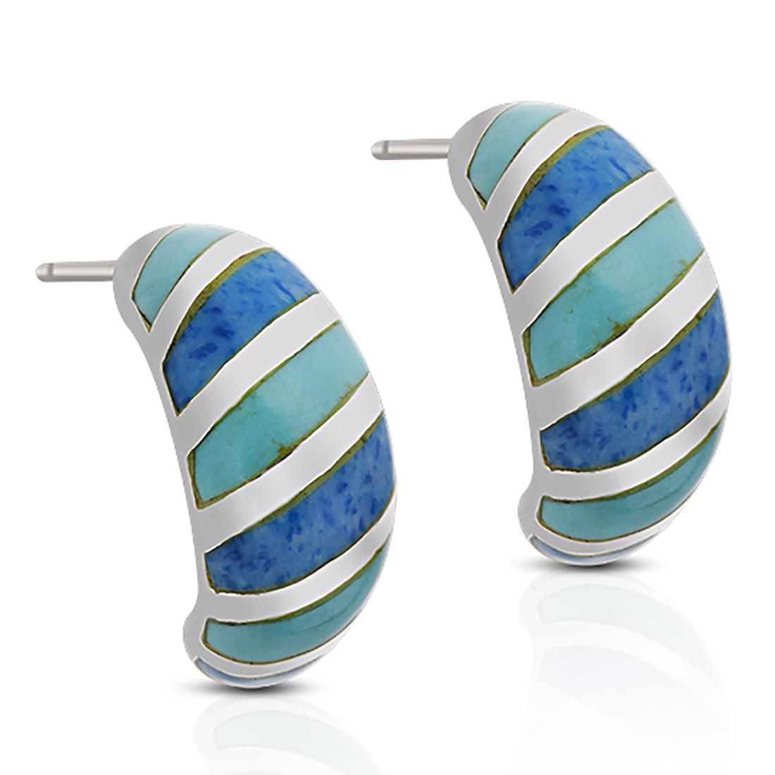 Sterling Inlaid Blue&Green Turquoise Hoop Earrings: Sterling Inlaid Blue&Green Turquoise Hoop Earrings • Metal: Sterling Silver • Stone: Blue & Green Turquoise • Dimension: 21.4X9.38 mm • Total Weight: 6 grs • Backing: But