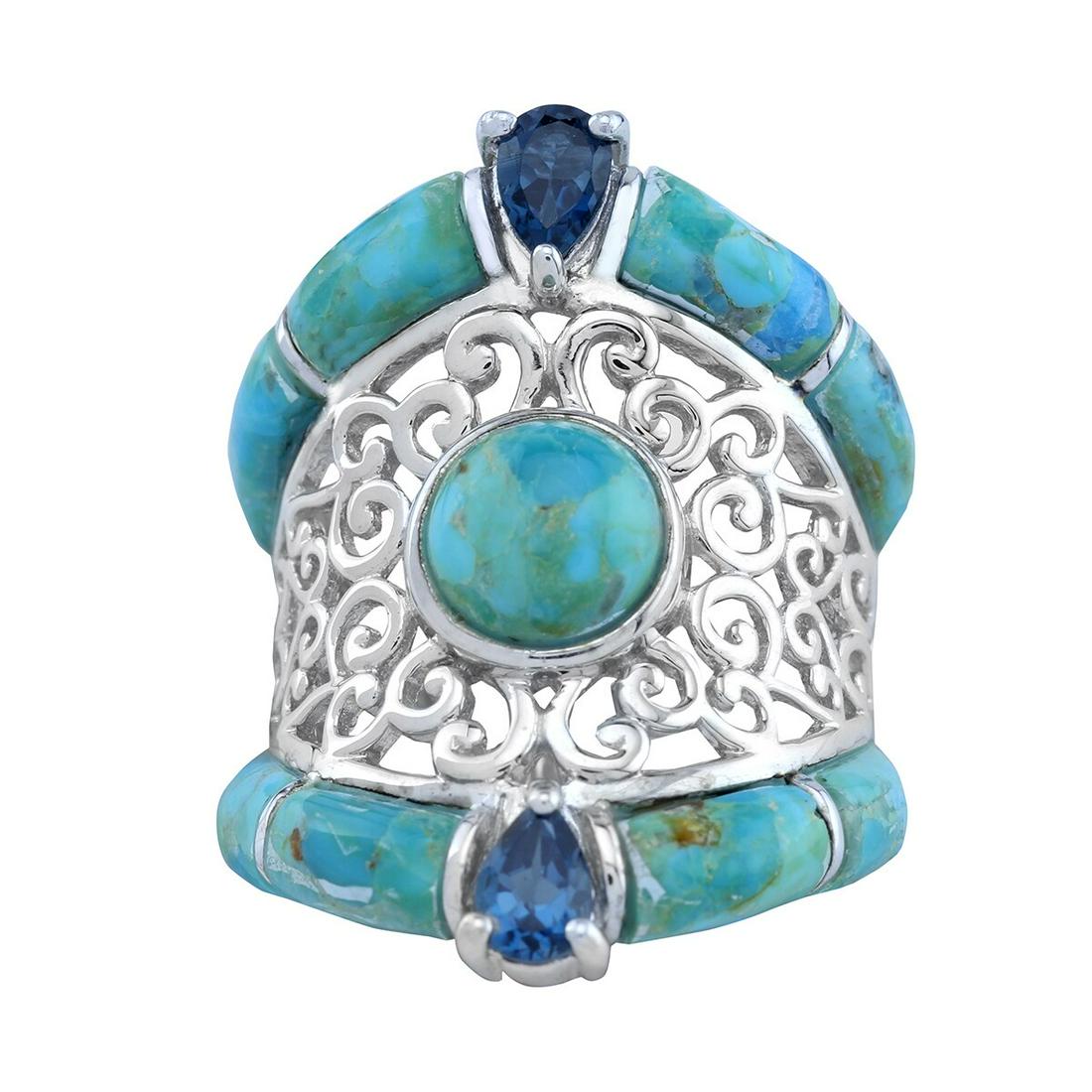 Silver Turquoise & Blue Topaz Scrollwork Ring-SZ 8 (1 of 3)