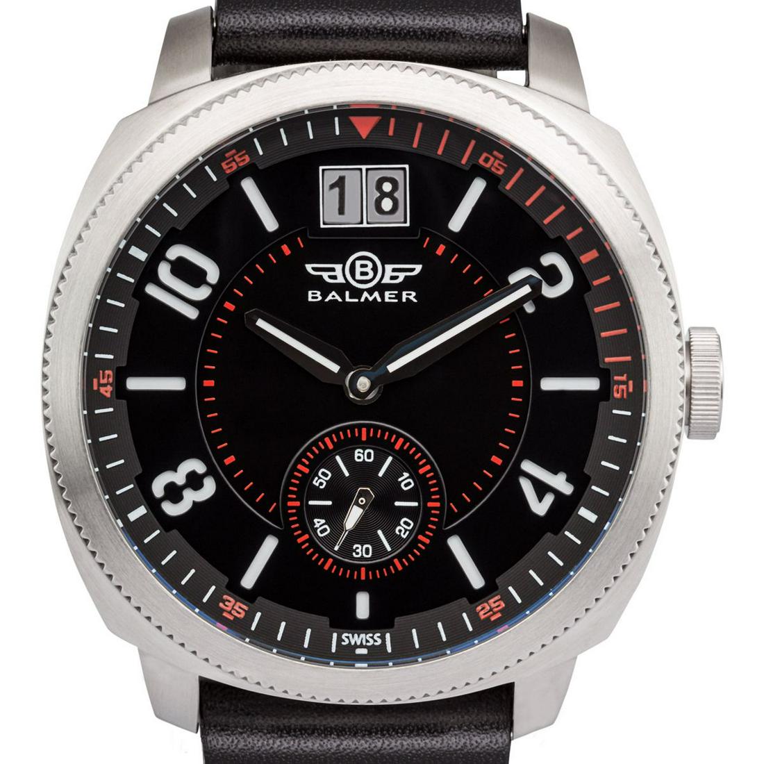 Balmer Swiss Made Stratos Mens Watch: Balmer Swiss Made Stratos Mens Watch - Brown Leather Strap, Silver Case, Black/Red Dial •Multi Layer Large number Dial with Big Date at 12 O'Clock and Sub Dial at 6 O'Clock • 2 Hand Quartz