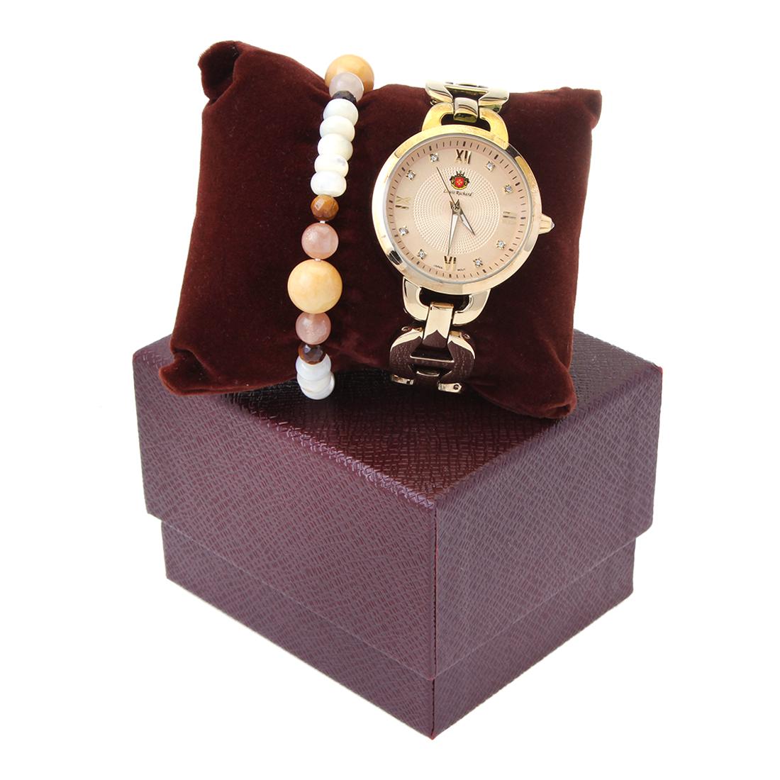 Louis Richard Watch-Gold & Bead Stretch Bracelet: Set of Louis Richard Felina Watch-Gold & Bead Stretch Bracelet • Stone: MoonStone& White MOP&Tiger Eye's&QTZ • Width: 12 mm • Total Weight: 21.4 grams • Finish: Rhodium