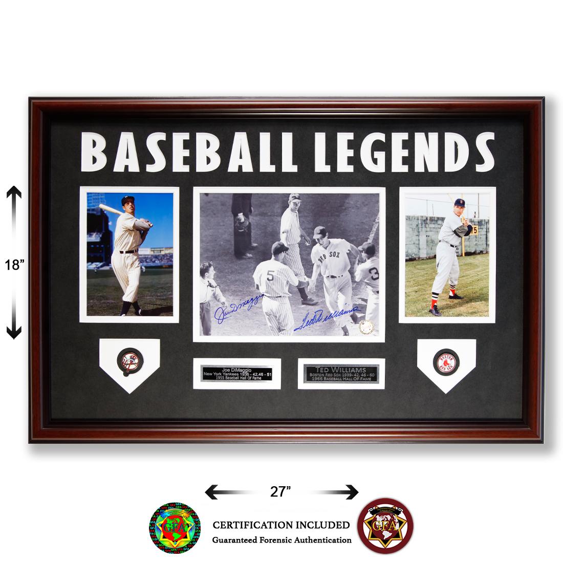 Ted Williams & Joe DiMaggio Baseball Legends: Joe DiMaggio (November 25, 1914 – March 8, 1999) and Ted Williams (August 30, 1918 – July 5, 2002). Boldly signed black and white photograph of Joe DiMaggio and Ted Williams. Signed by eac