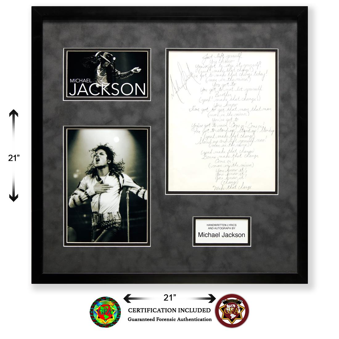Michael Jackson 'Man On The Moon' Lyric Sheet: Michael Jackson (August 29, 1958 – June 25, 2009). Michael Jackson signed Lyric Sheet, “Man in the Mirror.” Large Bold signature signed in Black Ink. Jackson and his producer, Quincy