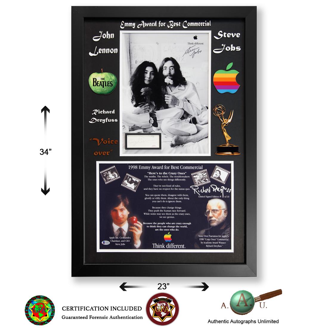 S. Jobs, J. Lennon, Yoko Ono, & Richard Dreyfuss: Steven Jobs (February 24, 1955 – October 5, 2011), John Lennon (October 9, 1940 – December 8, 1940) and Richard Dreyfuss (October 29, 1947). Steve Jobs signed Think Different Poster with a