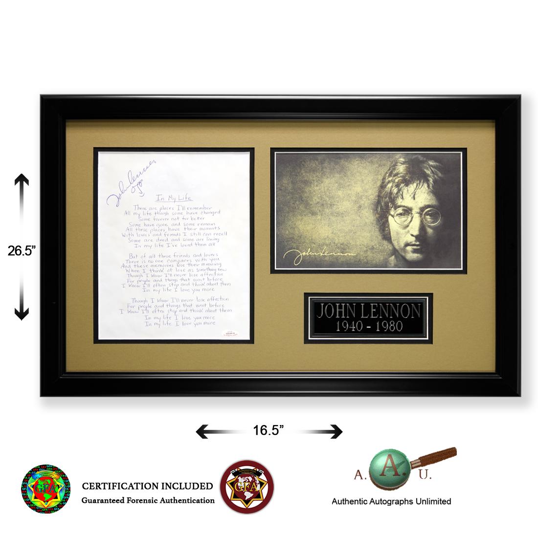 John Lennon Signed Handwrttien Lyrics'In My Life': John Lennon (October 9, 1940 – December 8, 1980) John Lennon signed 8 ½ x 11 Lyric Sheet, “In My Life.” Bold signature signed in Blue Ball Point Pen, top left with caricature be