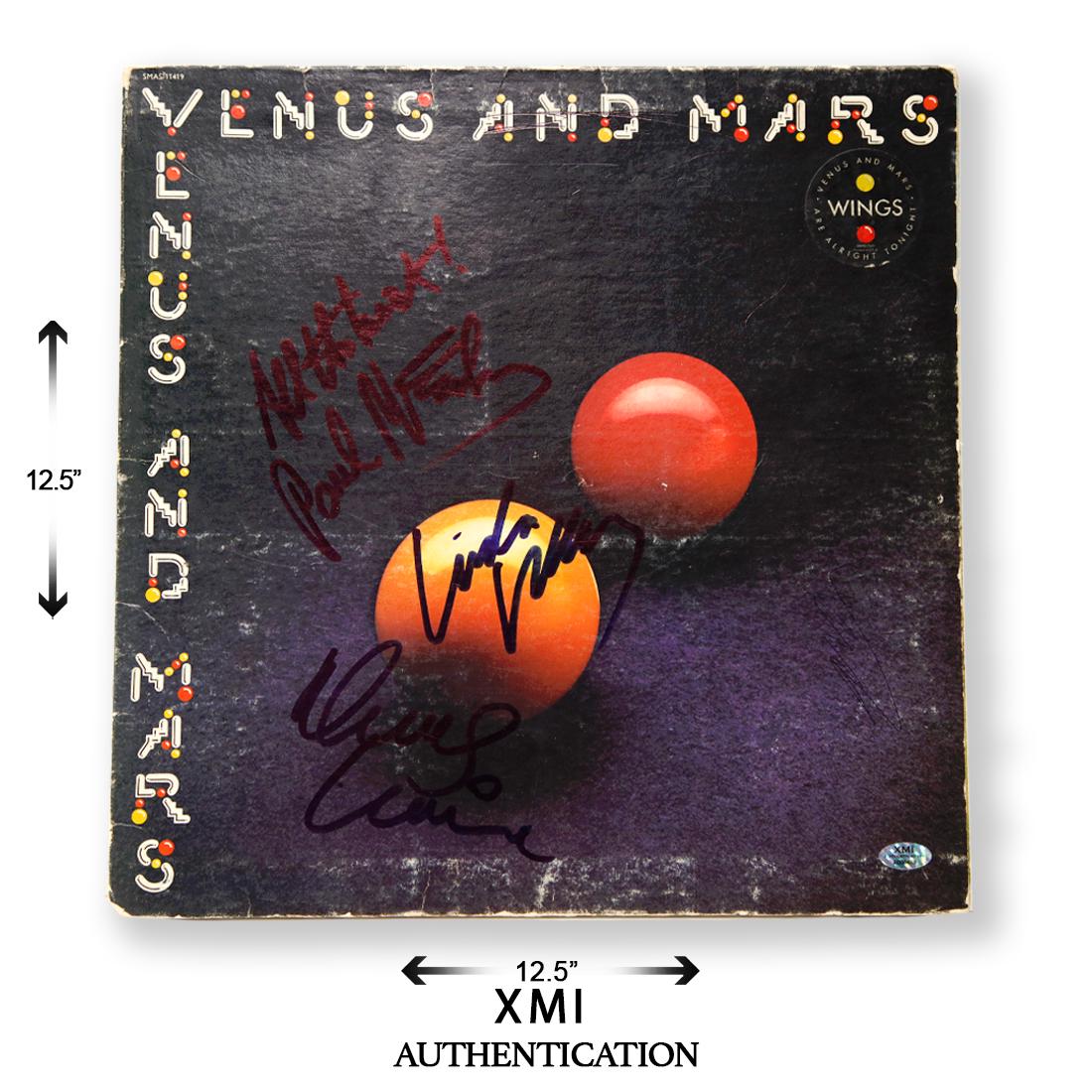 Wings Band Signed Album Cover Venus And Mars: Paul McCartney and Wings(1971 - 1981), Wings Band signed LP Cover Venus and Mars. Three signatures of the band members Paul McCartney, Linda McCartney and Denny Laine all signed in black ink. This is 