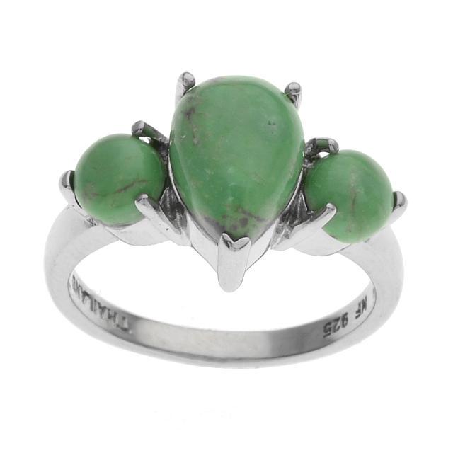 Sterling Silver Evans Turquoise 3-Stone Ring-SZ 5: Metal: Rhodium over sterling silver Stone Information: One pear 10 x 7mm and two round 5mm stabilized Evans turquoise cabochons Setting Type: Prong/Adhesive Measurements: 3/8"L x 3/4"W x 1/4"H Country