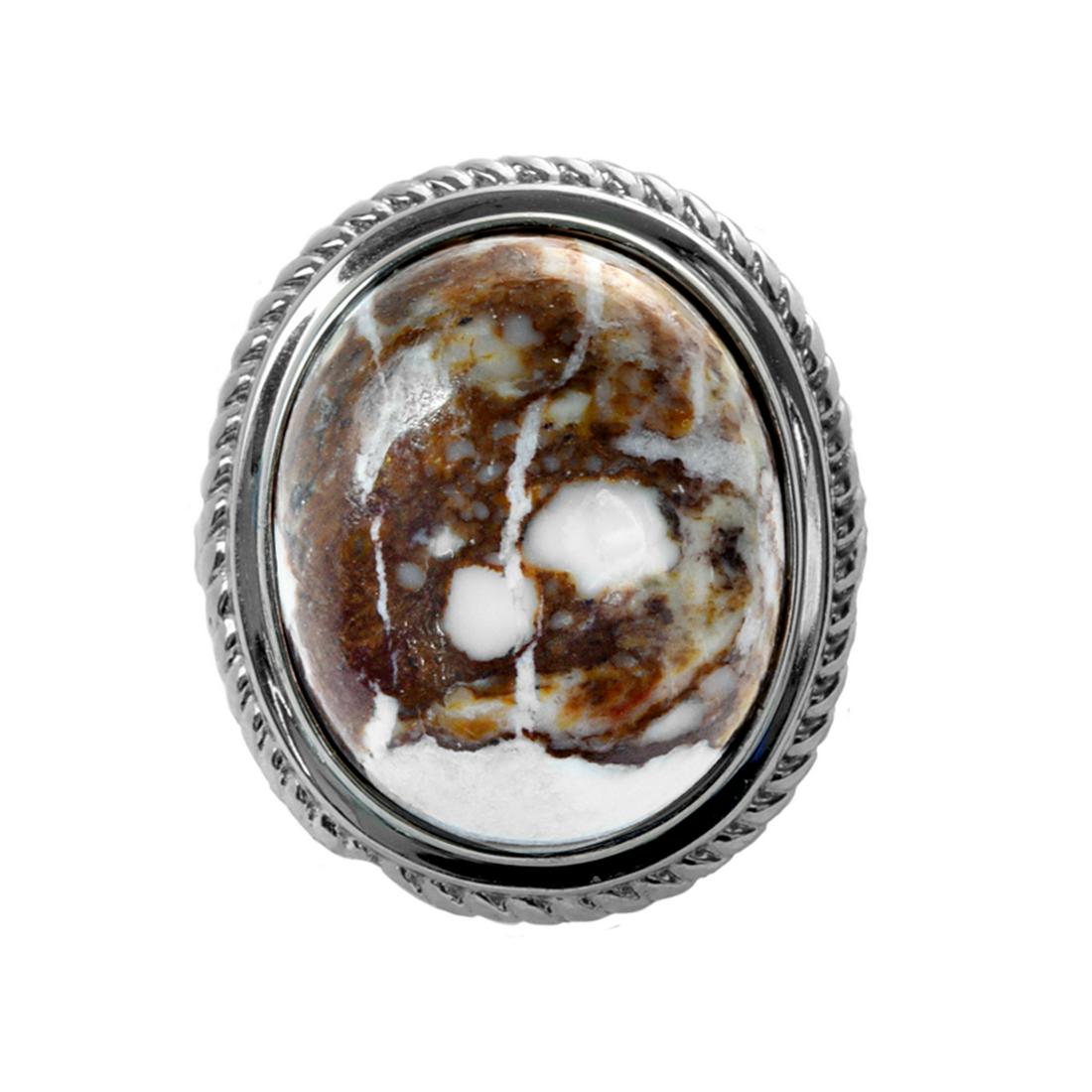 Silver Oval Wild Horse Rope Textured Ring-SZ 9: Metal: Rhodium over sterling silver Stone Information: One oval 18 x 15mm Wild Horse jasper cabochon Setting Type: Bezel/Adhesive Measurements: 7/8"L x 7/8"W x 3/8"H Country of Origin: Thailand