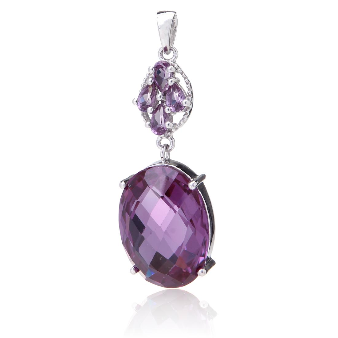 Sterling Slv Syn Checkerboard Alexandrite Pendant: Sterling Slv Syn Checkerboard Alexandrite Pendant • Metal: Sterling Silver • Stone: Syn Alexandrite • Dimensions: 43.89X14.89Mm • Total Weight: 7.56Grs • Finish: Rhodium