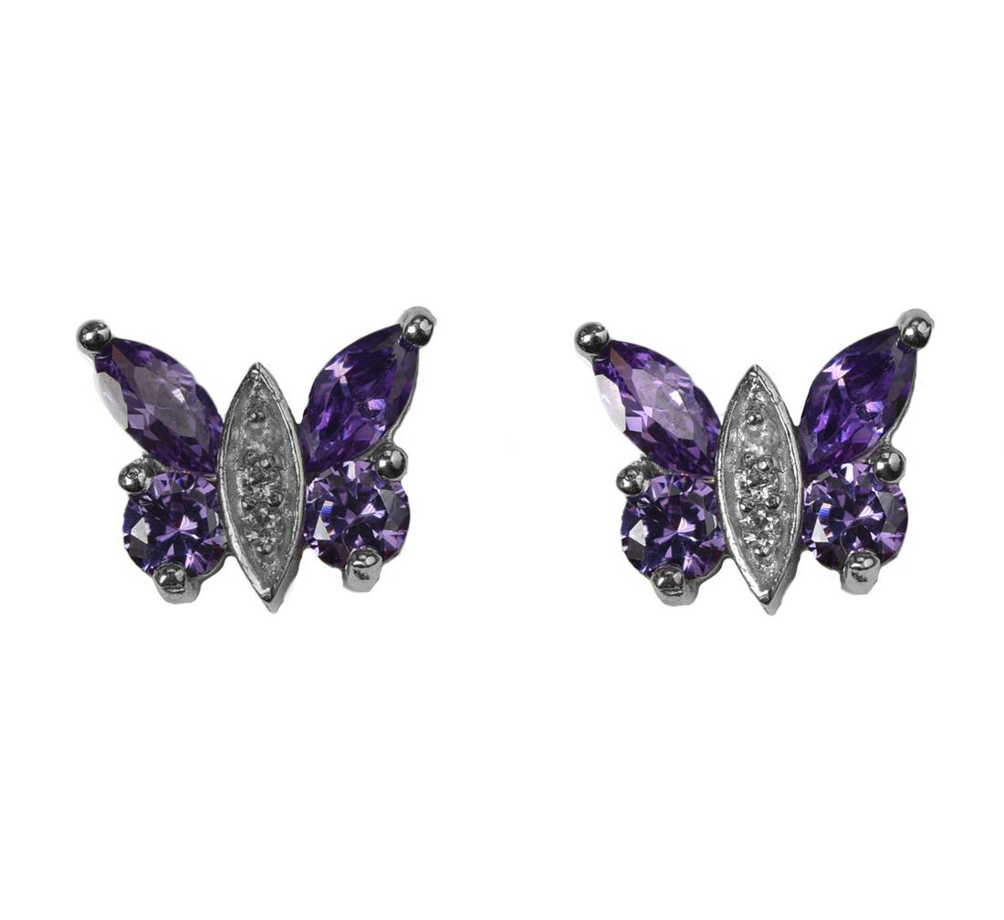 Silver Tone Amethyst CZ Butterfly Stud Earrings (1 of 1)