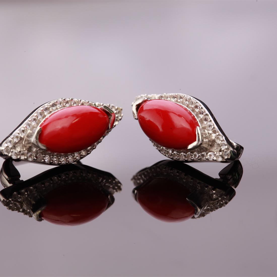 Sterling Silver Syn Red Coral & Zircon Earrings: Sterling Silver Syn Red Coral & Zircon Earrings • Metal: Sterling Silver • Stone: (2)14X7Mm-Syn Red Coral & White Zircon • Dimensions: 23.18X10.5 Mm • Total Weight: 6.62 Grs &#