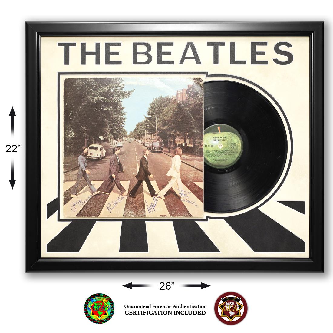 Beatles Band Signed "Abbey Road" Lp Album Cover: The Beatles Signed Abbey Road LP Cover. The Beatles were an English rock band formed in Liverpool in 1960. With a line-up comprising John Lennon, Paul McCartney, George Harrison and Ringo Starr, they