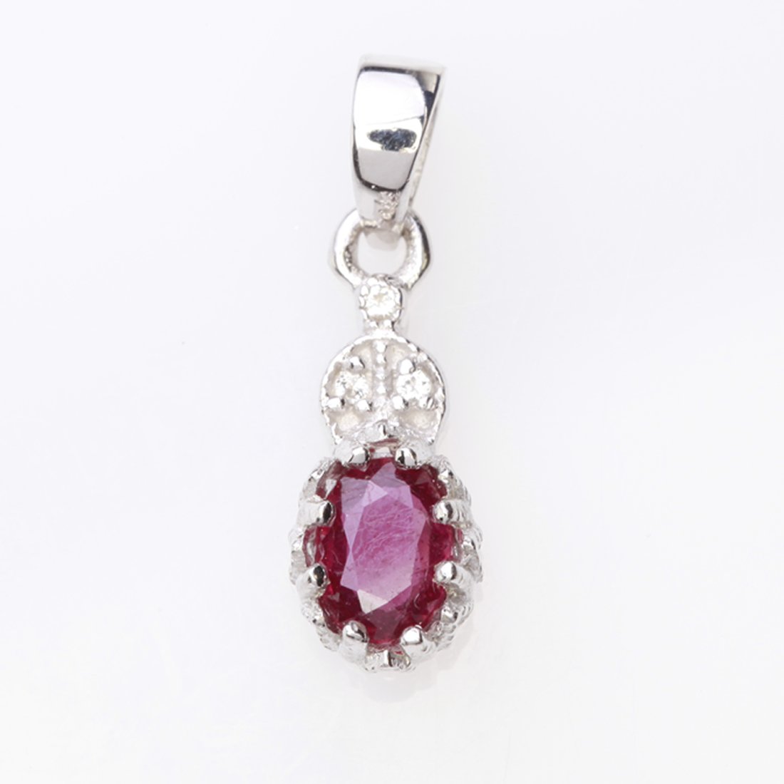 Ruby Red Glass & Zircon Solitaire Silver Pendant (1 of 1)