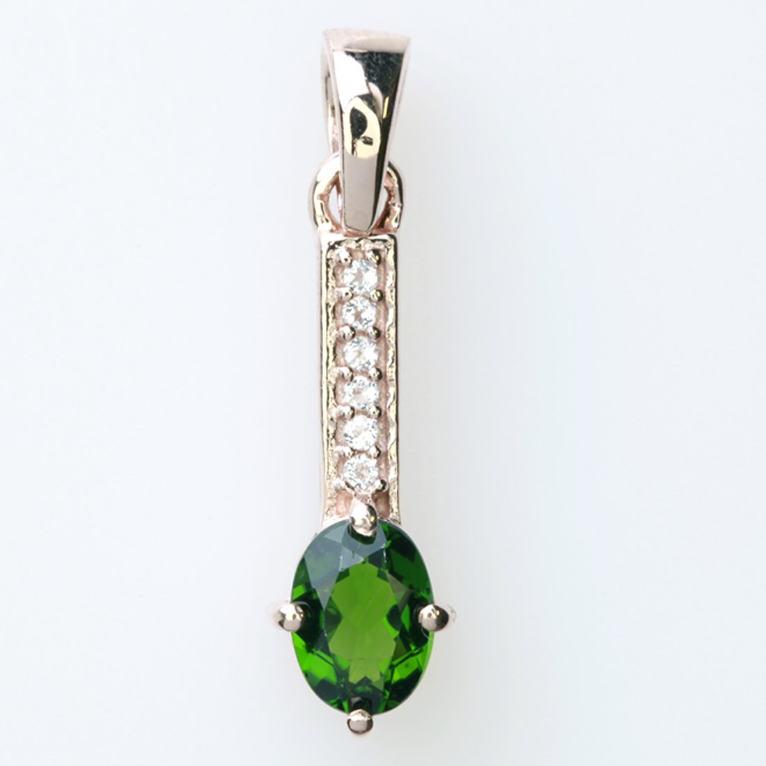 Chrome Diopside Rosegold Over Silver Pendant: Chrome Diopside Rosegold Over Silver Pendant • Metal: Sterling Silver • Stone: (1)7X5Mm-Chrome Diopsite&White Topaz • Dimensions: 6.4X25.5 Mm • Total Weight: 1.36 Grs • Finish