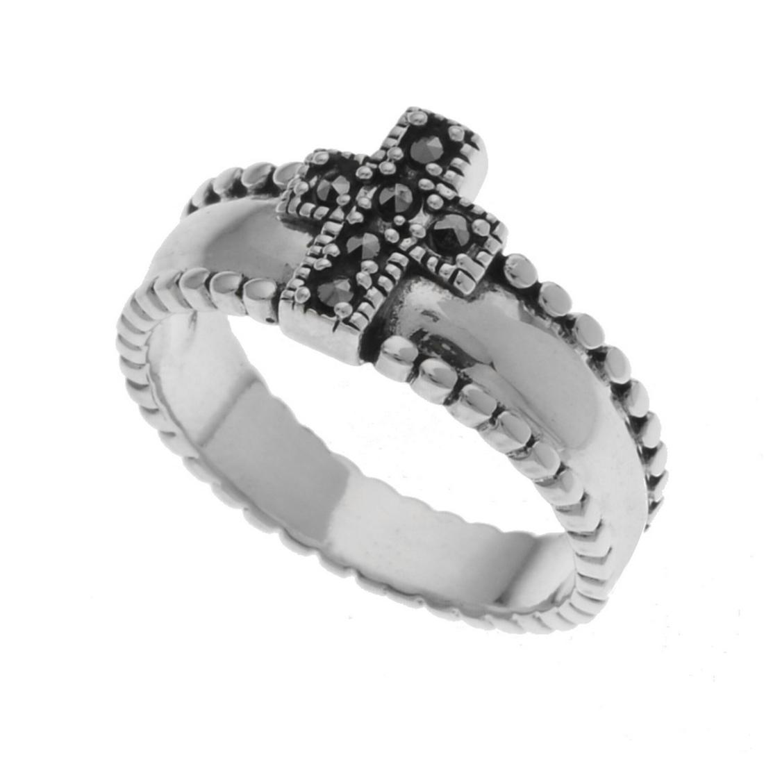 Sterling Silver Marcasite Cross Ring-SZ 10: Metal: Rhodium over sterling silver Stone Information: Marcasite: round cut 1mm Setting Type: Prong Measurement: 10mm L x 20mm W x 3mm H Country of Origin: Thailand