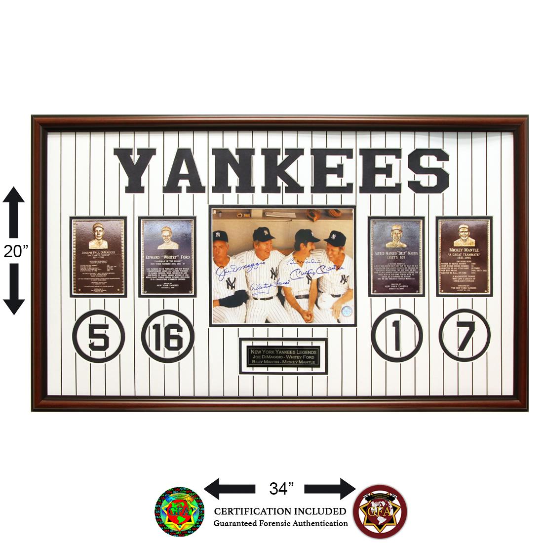 New York Yankees Hall Of Fame Legends 34x20 Signed: Celebrate four of the all-time great Yankee players (Joe DiMaggio, Whitey Ford, Billy Martin, and Mickey Mantle) with this brand new limited edition framed autograph. These four Yankee legends dominat