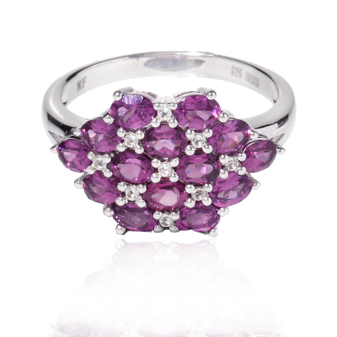 Silver Purple Garnet & Topaz Cluster Ring-SZ 7: Make a bold statement with this impressive design from the Pangea Mines Treasured Gem Collection. A cluster of royal purple garnets are beautifully complemented by a lavish field of sparkling white to