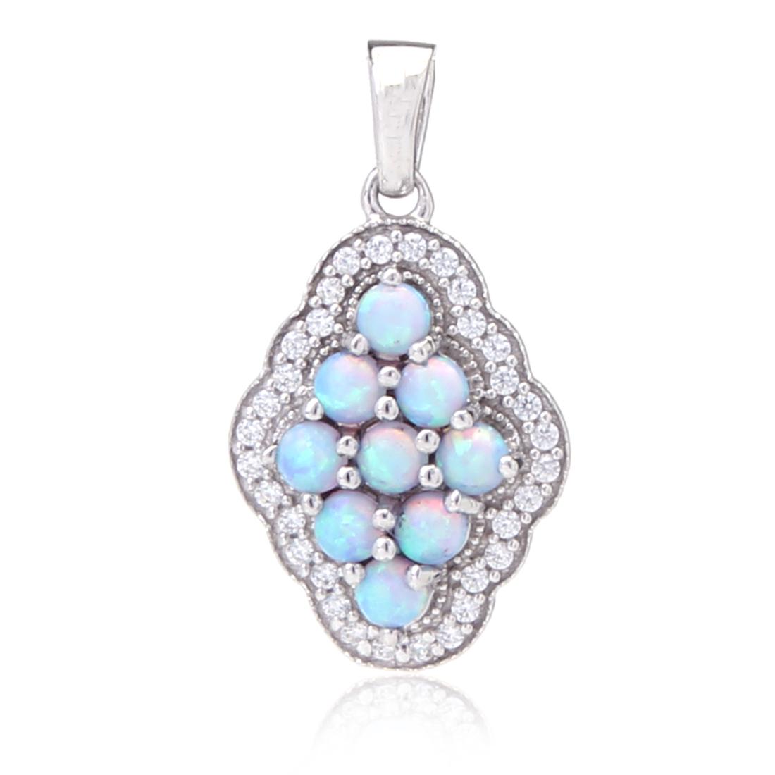Sterling Silver Syn Opal & White Zircon Pendant: Sterling Silver Syn Opal & White Zircon Pendant • Metal: Sterling Silver • Stone: Syn Opal & White Zircon • Dimensions: 26.15X14.35Mm • Total Weight: 2.64Grs • Finish: Rh