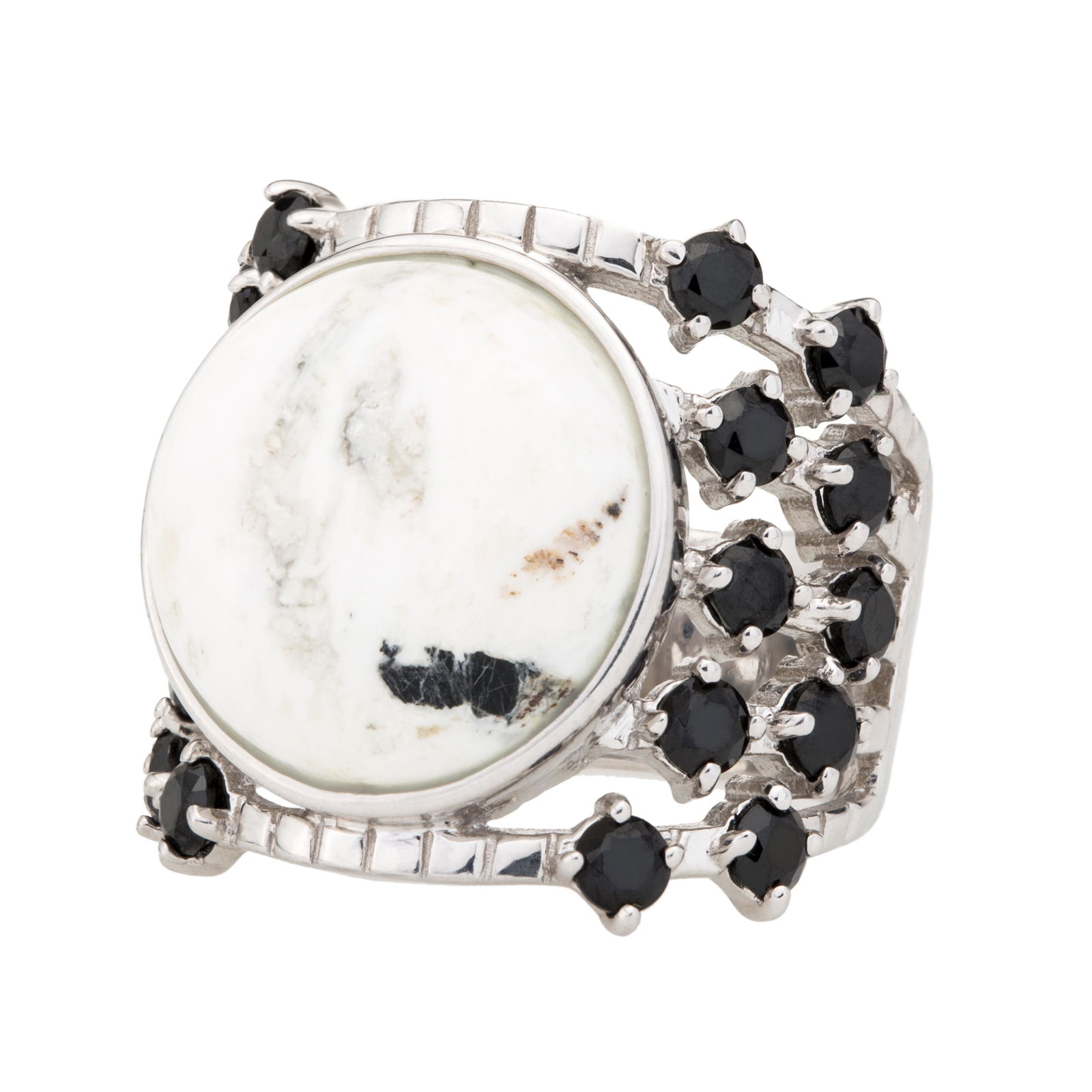 Silver White Buffalo & Spinel Wide Band Ring-SZ 6: A large round opaque gemstone cabochon in your choice of color establishes the gravity that attracts all that wonderful attention. Sparkling cut gemstones in a complementing color bubble up brightly i