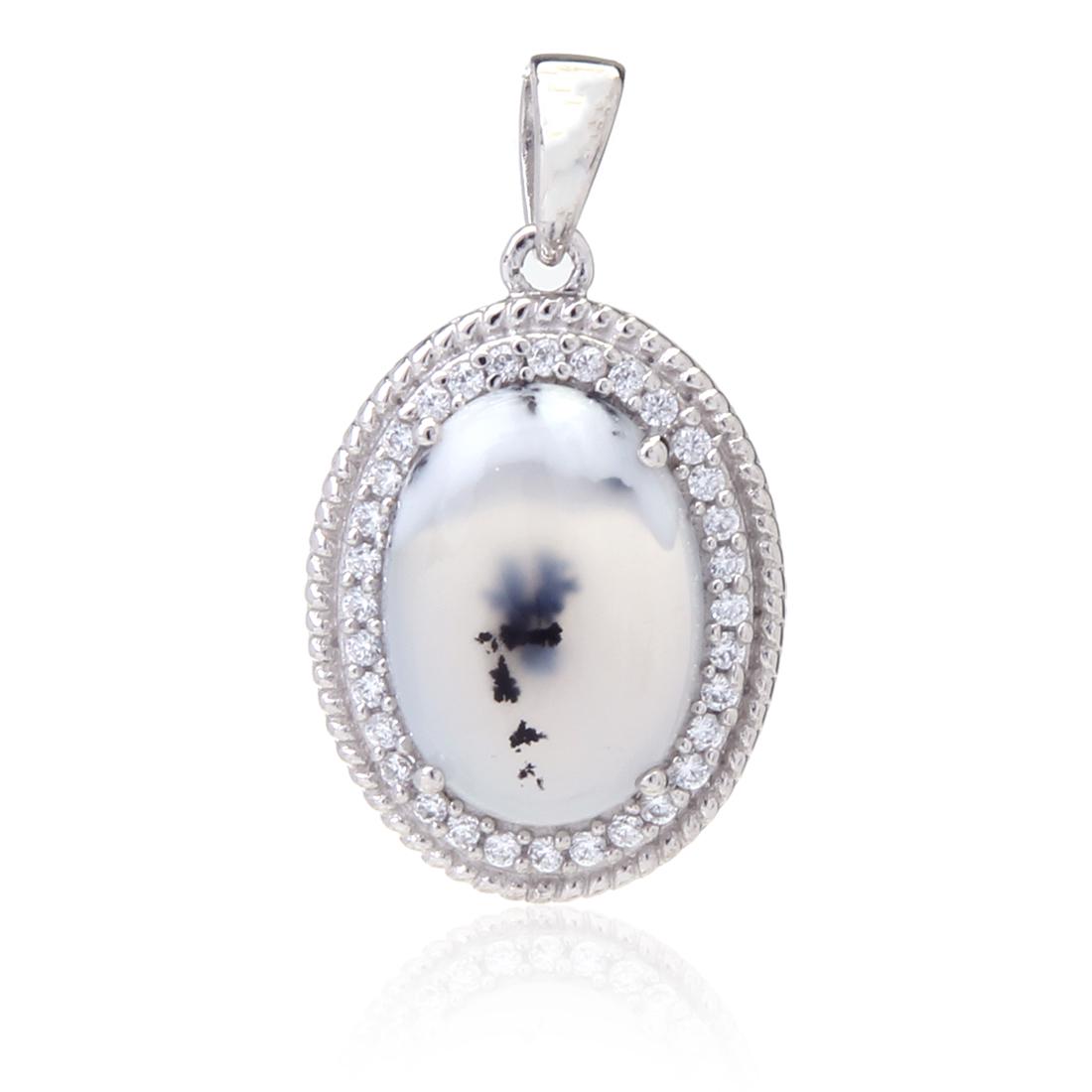 Sterling Dendrite Agate & Wht Zircon Halo Pendant: Sterling Dendrite Agate & Wht Zircon Halo Pendant • Metal: Sterling Silver • Stone: Dendrite Agate&White Zircon • Dimensions: 26.74X15.29 Mm • Total Weight: 3.5 Grs • Fin