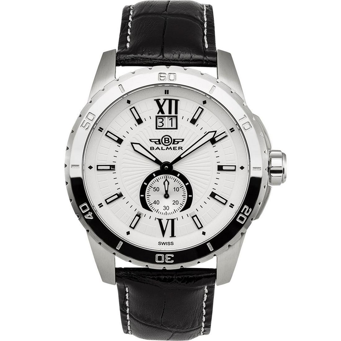 Balmer DB9 Mens Watch: Balmer DB9 Mens Watch - Black Leather Strap, Silver Case, White Dial •Simple But Elegant Sunburst Pattern Dial with Roman Numerals at 12 and 6 O'Clock enhanced with Large Luminous hands and Indi