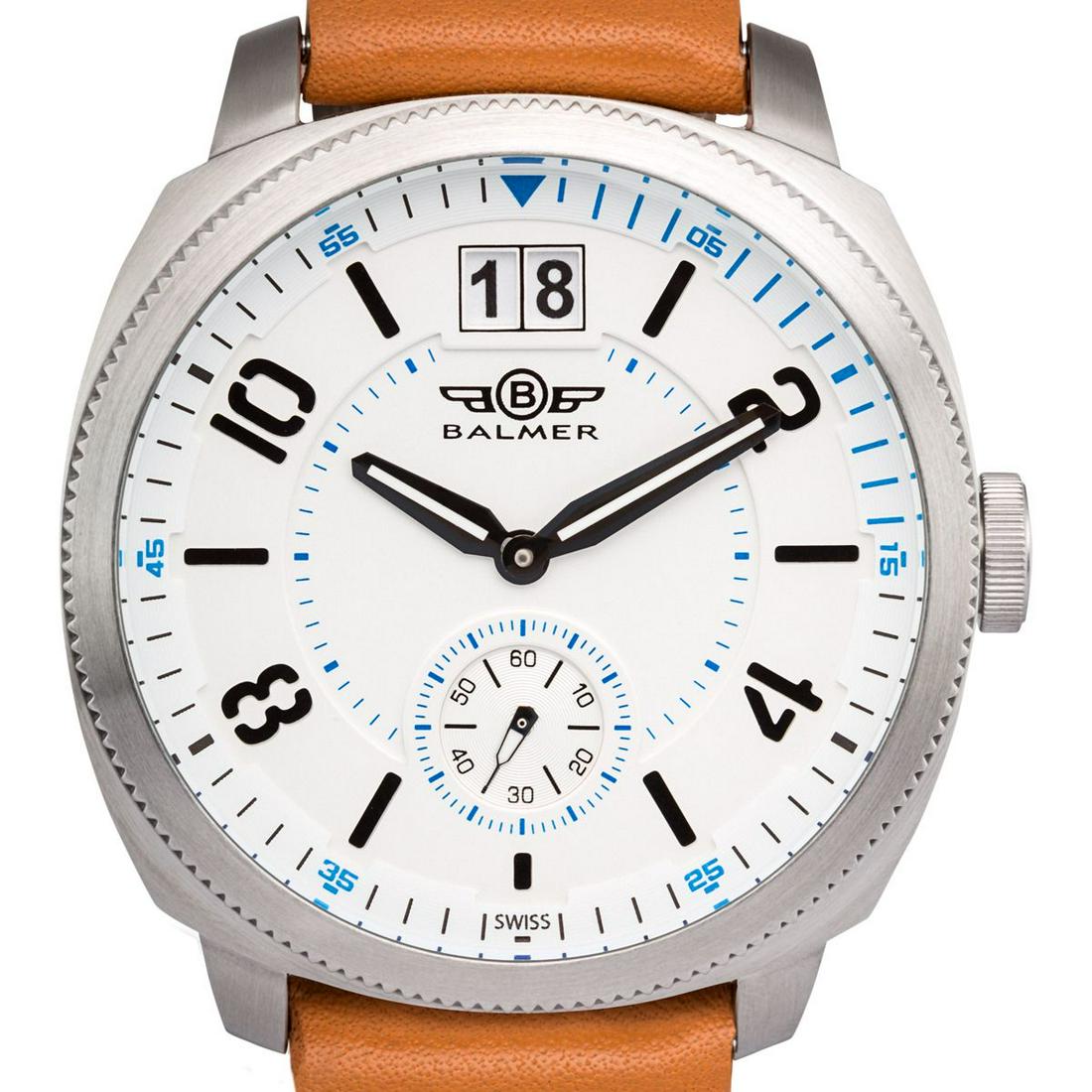 Balmer Swiss Made Stratos Mens Watch: Balmer Swiss Made Stratos Mens Watch - Tan Leather Strap, Silver Case, White Dial •Multi Layer Large number Dial with Big Date at 12 O'Clock and Sub Dial at 6 O'Clock • 2 Hand Quartz with 