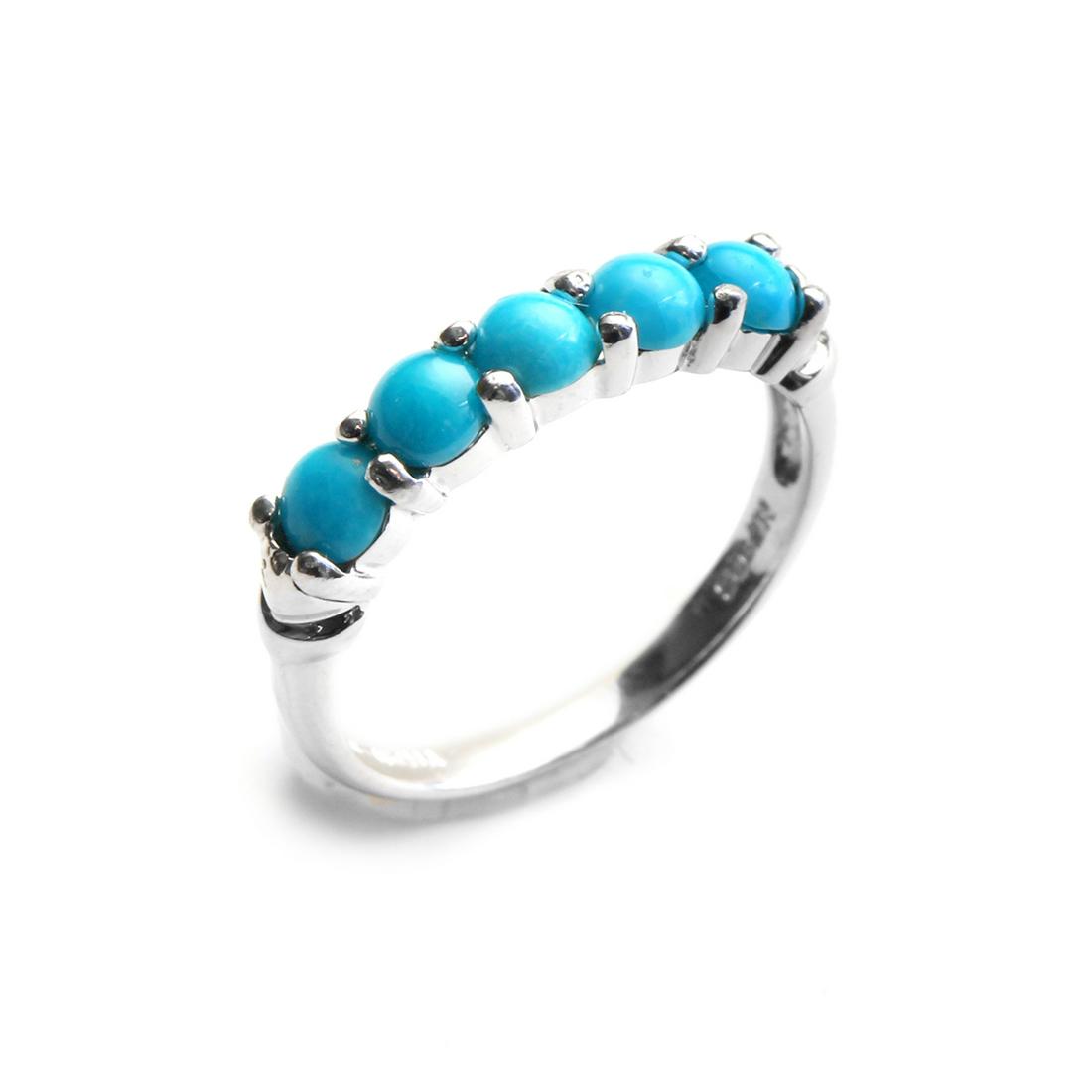 Silver Round Sleeping Beauty Turquoise Ring-SZ 6: Metal: Rhodium over sterling silver Stone Information: Stabilized Sleeping Beauty Turquoise: five round 4mm cabochons Setting Type: prong Measurements: 3/16"L x 13/16"W x 3/16"H Country of Origin: Tha